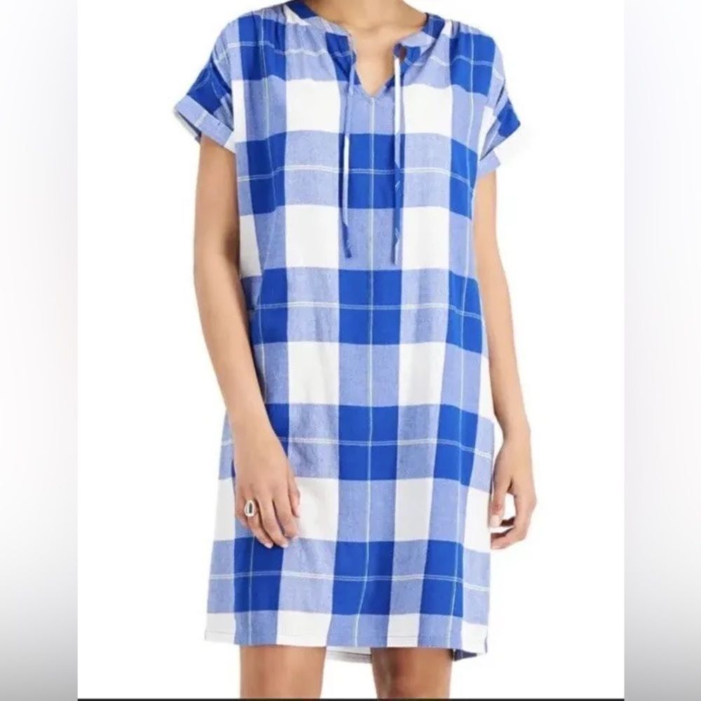 Style & Co Women's Woven Plaid White/Blue Dress Size XL